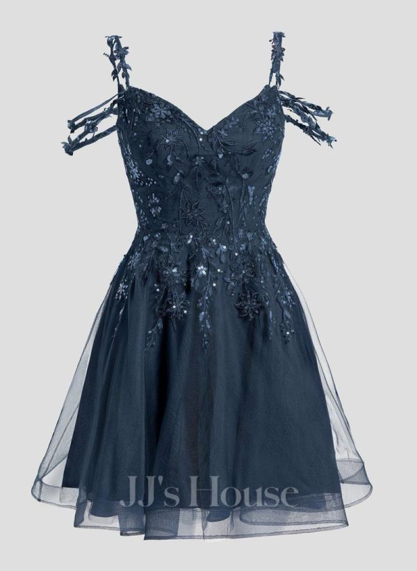 Birthday | A-line V-Neck Short Tulle Lace Homecoming Dress With Sequins Dark Navy – Womens