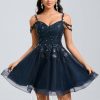 Birthday | A-line V-Neck Short Tulle Lace Homecoming Dress With Sequins Dark Navy – Womens