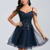 Birthday | A-line V-Neck Short Tulle Lace Homecoming Dress With Sequins Dark Navy – Womens