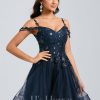 Birthday | A-line V-Neck Short Tulle Lace Homecoming Dress With Sequins Dark Navy – Womens