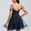 Birthday | A-line V-Neck Short Tulle Lace Homecoming Dress With Sequins Dark Navy – Womens