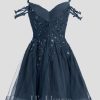 Birthday | A-line V-Neck Short Tulle Lace Homecoming Dress With Sequins Dark Navy – Womens