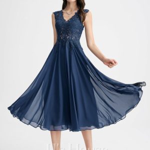 Birthday | A-line V-Neck Tea-Length Lace Chiffon Cocktail Dress Navy Blue – Womens