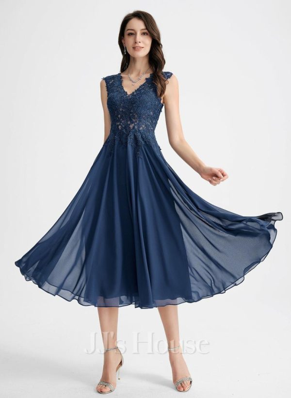 Birthday | A-line V-Neck Tea-Length Lace Chiffon Cocktail Dress Navy Blue – Womens