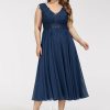 Birthday | A-line V-Neck Tea-Length Lace Chiffon Cocktail Dress Navy Blue – Womens