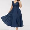 Birthday | A-line V-Neck Tea-Length Lace Chiffon Cocktail Dress Navy Blue – Womens