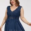 Birthday | A-line V-Neck Tea-Length Lace Chiffon Cocktail Dress Navy Blue – Womens