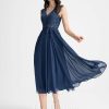 Birthday | A-line V-Neck Tea-Length Lace Chiffon Cocktail Dress Navy Blue – Womens