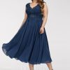 Birthday | A-line V-Neck Tea-Length Lace Chiffon Cocktail Dress Navy Blue – Womens