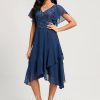 Birthday | A-line V-Neck Tea-Length Lace Chiffon Cocktail Dress With Cascading Ruffles Navy Blue – Womens