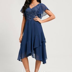 Birthday | A-line V-Neck Tea-Length Lace Chiffon Cocktail Dress With Cascading Ruffles Navy Blue – Womens