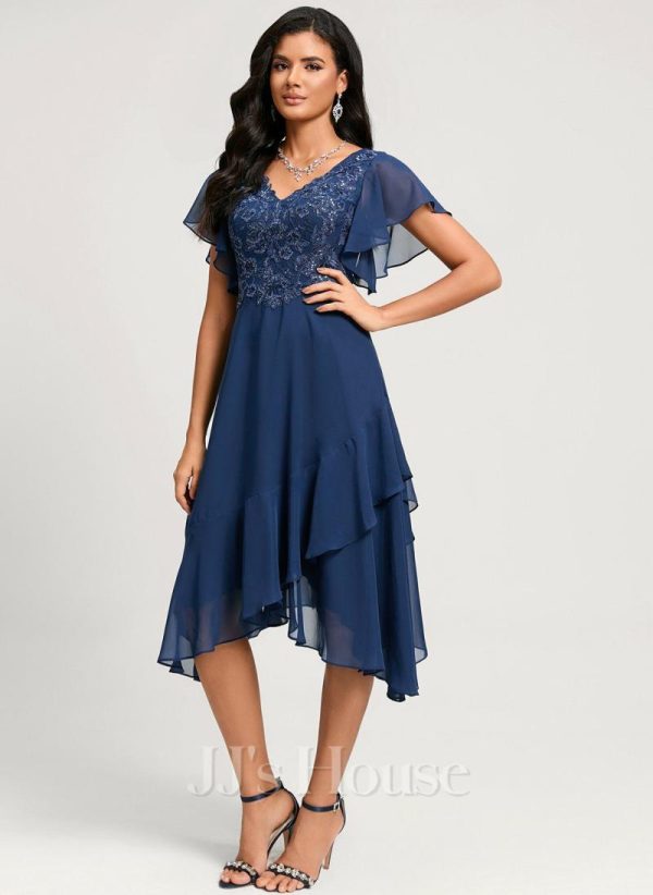 Birthday | A-line V-Neck Tea-Length Lace Chiffon Cocktail Dress With Cascading Ruffles Navy Blue – Womens