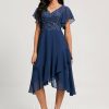 Birthday | A-line V-Neck Tea-Length Lace Chiffon Cocktail Dress With Cascading Ruffles Navy Blue – Womens