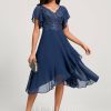 Birthday | A-line V-Neck Tea-Length Lace Chiffon Cocktail Dress With Cascading Ruffles Navy Blue – Womens