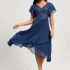 Birthday | A-line V-Neck Tea-Length Lace Chiffon Cocktail Dress With Cascading Ruffles Navy Blue – Womens