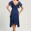 Birthday | A-line V-Neck Tea-Length Lace Chiffon Cocktail Dress With Cascading Ruffles Navy Blue – Womens