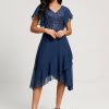 Birthday | A-line V-Neck Tea-Length Lace Chiffon Cocktail Dress With Cascading Ruffles Navy Blue – Womens