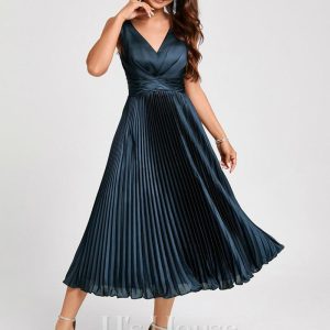 Birthday | A-line V-Neck Tea-Length Stretch Satin Cocktail Dress With Pleated Ruffle Dark Navy – Womens