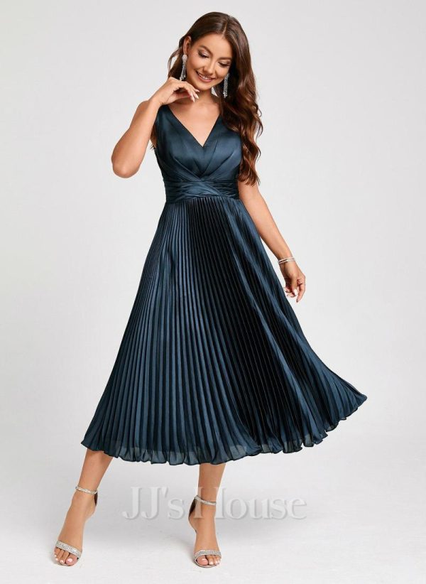 Birthday | A-line V-Neck Tea-Length Stretch Satin Cocktail Dress With Pleated Ruffle Dark Navy – Womens