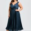 Birthday | A-line V-Neck Tea-Length Stretch Satin Cocktail Dress With Pleated Ruffle Dark Navy – Womens