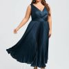 Birthday | A-line V-Neck Tea-Length Stretch Satin Cocktail Dress With Pleated Ruffle Dark Navy – Womens