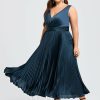 Birthday | A-line V-Neck Tea-Length Stretch Satin Cocktail Dress With Pleated Ruffle Dark Navy – Womens