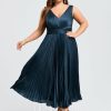 Birthday | A-line V-Neck Tea-Length Stretch Satin Cocktail Dress With Pleated Ruffle Dark Navy – Womens