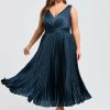 Birthday | A-line V-Neck Tea-Length Stretch Satin Cocktail Dress With Pleated Ruffle Dark Navy – Womens