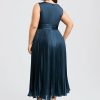 Birthday | A-line V-Neck Tea-Length Stretch Satin Cocktail Dress With Pleated Ruffle Dark Navy – Womens