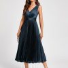 Birthday | A-line V-Neck Tea-Length Stretch Satin Cocktail Dress With Pleated Ruffle Dark Navy – Womens