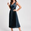 Birthday | A-line V-Neck Tea-Length Stretch Satin Cocktail Dress With Pleated Ruffle Dark Navy – Womens