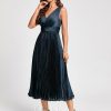 Birthday | A-line V-Neck Tea-Length Stretch Satin Cocktail Dress With Pleated Ruffle Dark Navy – Womens