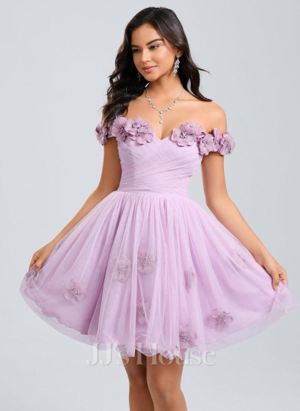 Birthday | Ball-Gown/Princess Off the Shoulder Short Tulle Homecoming Dress With Pleated Flower As Picture – Womens