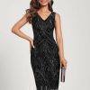 Birthday | Bodycon V-Neck Knee-Length Sequin Cocktail Dress Black – Womens