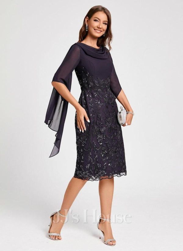 Birthday | Sheath/Column Cowl Knee-Length Chiffon Lace Cocktail Dress With Ruffle Sequins As Picture – Womens