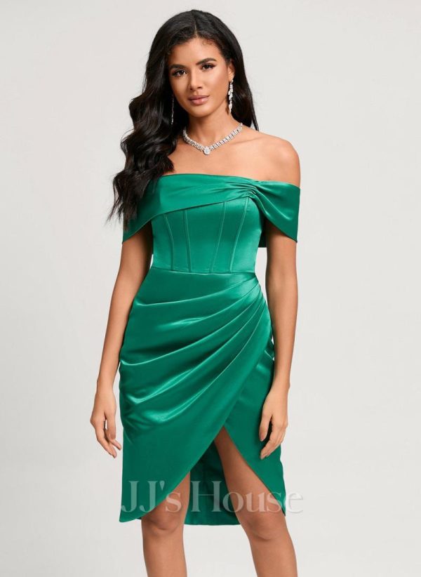 Birthday | Sheath/Column Off the Shoulder Asymmetrical Satin Cocktail Dress With Pleated As Picture – Womens