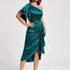 Birthday | Sheath/Column One Shoulder Asymmetrical Stretch Satin Cocktail Dress With Ruffle Peacock – Womens