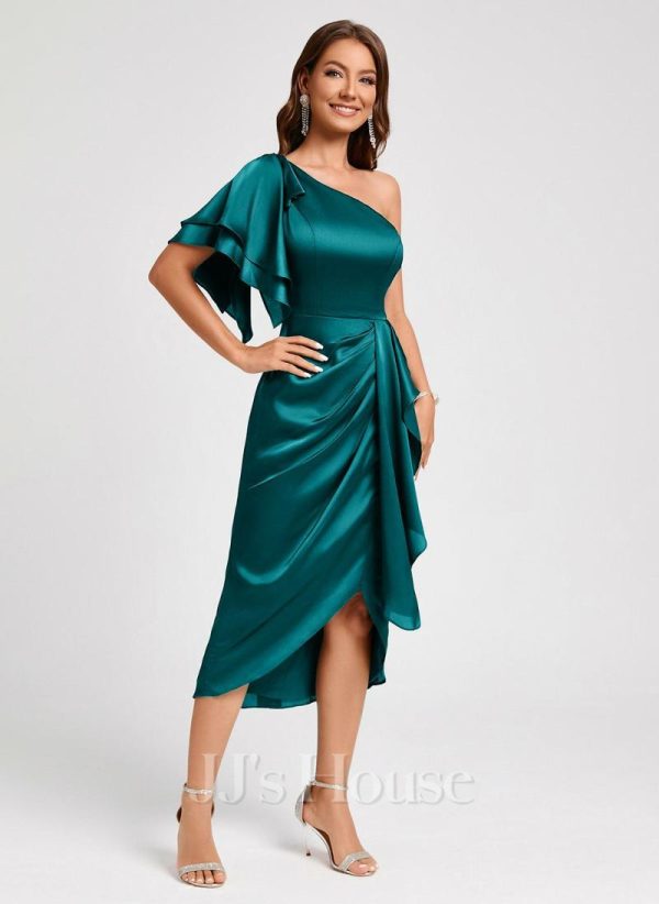 Birthday | Sheath/Column One Shoulder Asymmetrical Stretch Satin Cocktail Dress With Ruffle Peacock – Womens