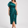 Birthday | Sheath/Column One Shoulder Asymmetrical Stretch Satin Cocktail Dress With Ruffle Peacock – Womens