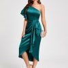 Birthday | Sheath/Column One Shoulder Asymmetrical Stretch Satin Cocktail Dress With Ruffle Peacock – Womens