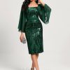 Birthday | Sheath/Column Square Knee-Length Lace Chiffon Sequin Cocktail Dress Dark Green – Womens