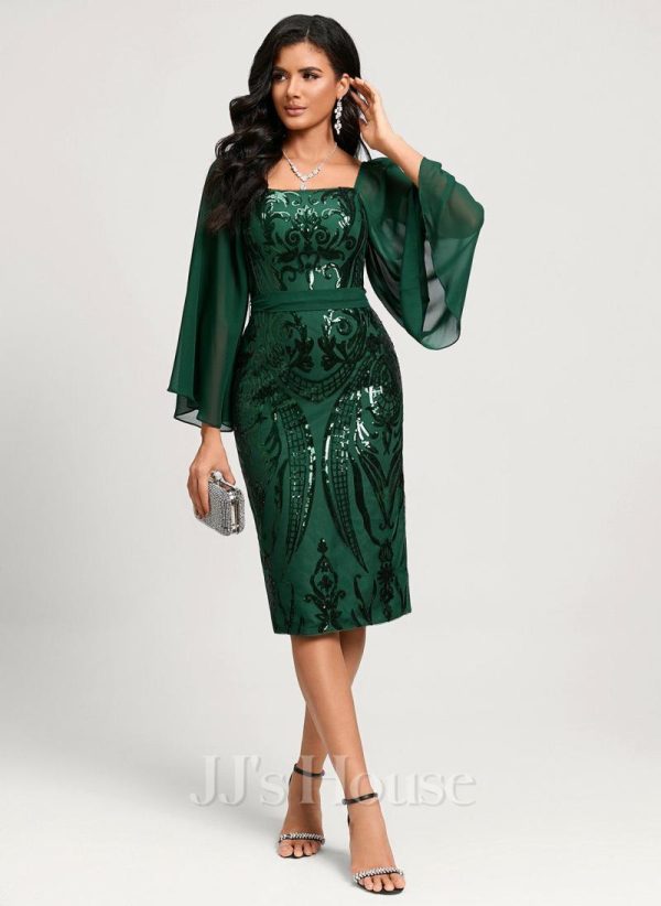 Birthday | Sheath/Column Square Knee-Length Lace Chiffon Sequin Cocktail Dress Dark Green – Womens