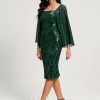 Birthday | Sheath/Column Square Knee-Length Lace Chiffon Sequin Cocktail Dress Dark Green – Womens