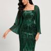 Birthday | Sheath/Column Square Knee-Length Lace Chiffon Sequin Cocktail Dress Dark Green – Womens