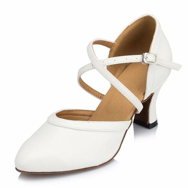 Dance Shoes | Women’s Ballroom Shoes Buckle Flare Heel Leatherette Indoor Solid Color Dance Shoes White – Womens