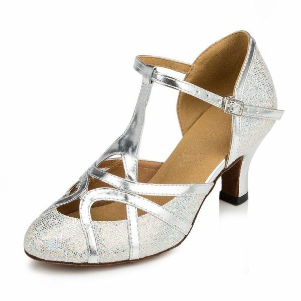 Dance Shoes | Women’s Ballroom Shoes Sequin High Heel Glitter Indoor Color Block Dance Shoes Silver – Womens