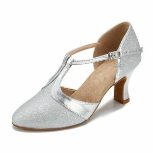 Dance Shoes | Women’s Ballroom Shoes T-Strap Flare Heel Glitter Indoor Dance Shoes Silver – Womens