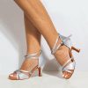 Dance Shoes | Women’s Latin Shoes High Heel Glitter Faux Leather Indoor Color Block Dance Shoes Silver – Womens