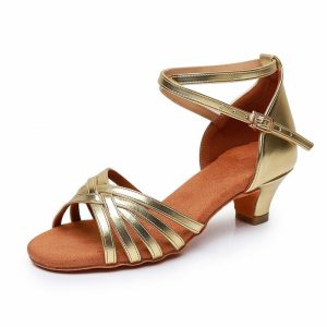 Dance Shoes | Women’s Latin Shoes Low Heel Faux Leather Indoor Solid Color Dance Shoes Gold – Womens