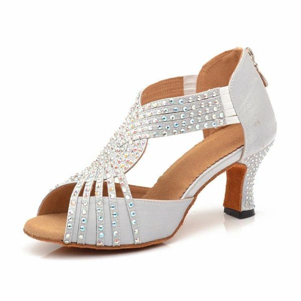 Dance Shoes | Women’s Latin Shoes Rhinestone Flare Heel Satin Indoor Dance Shoes Silver – Womens